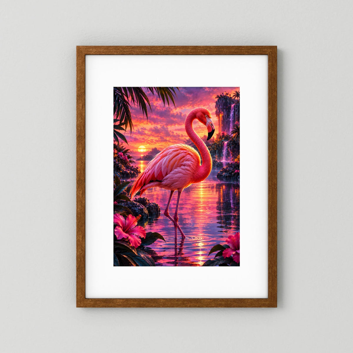 Flamingo-Tierposter im Hochformat mit braunem Holzrahmen und weißem Passepartout