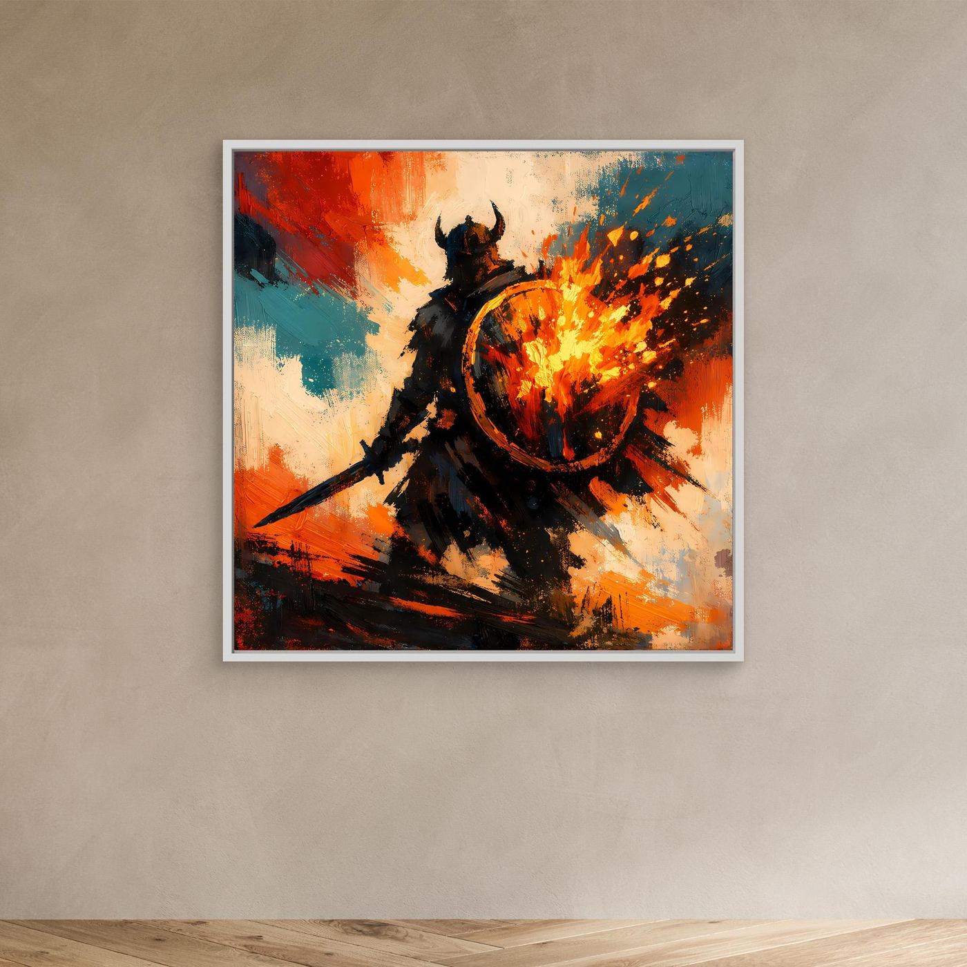 Wandbild auf Leinwand: Wikingerkrieger-Silhouette mit brennendem Schild, abstrakte Rottöne.