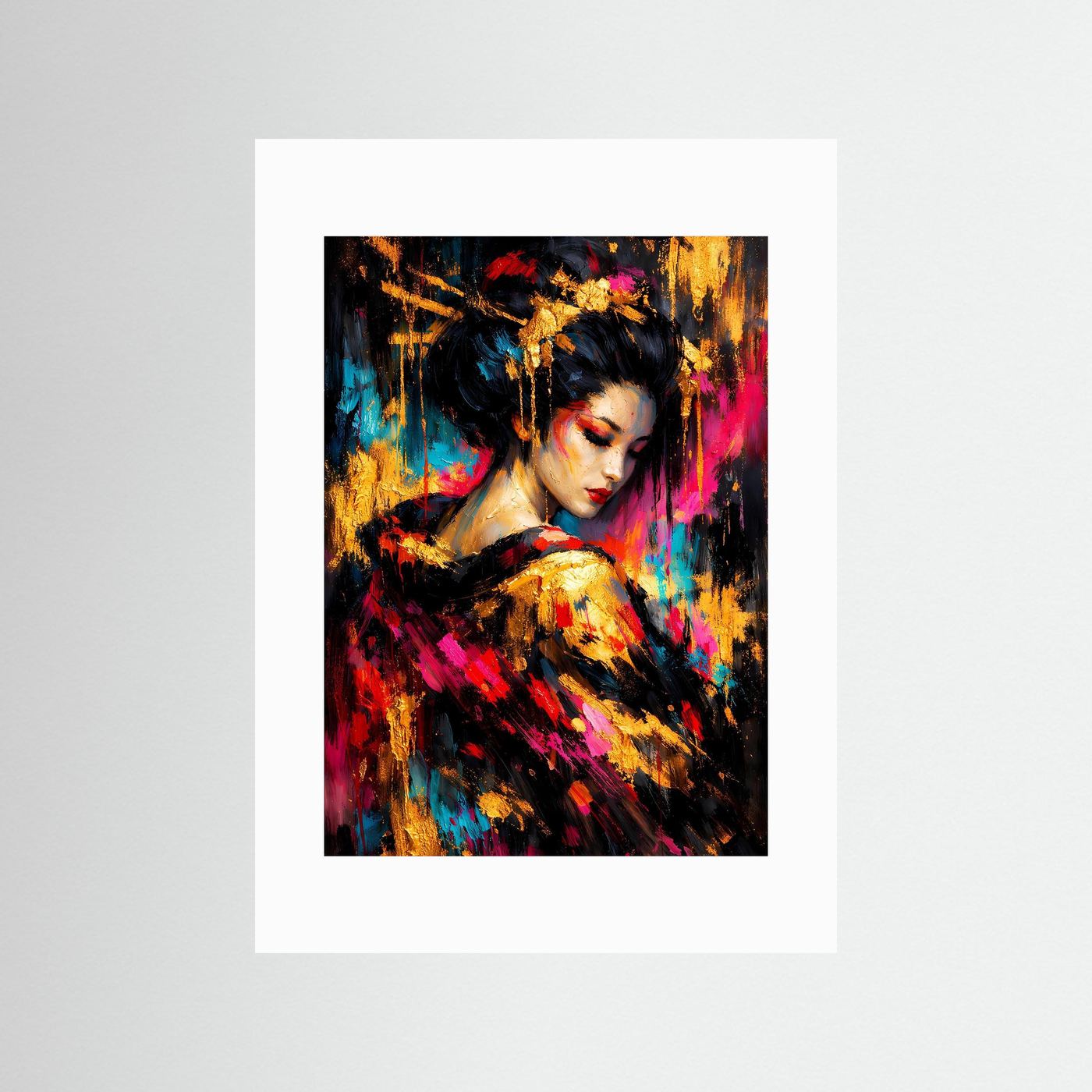 Kunstposter im Hochformat mit Geisha-Porträt in bunten Pinselstrichen, ohne Rahmen