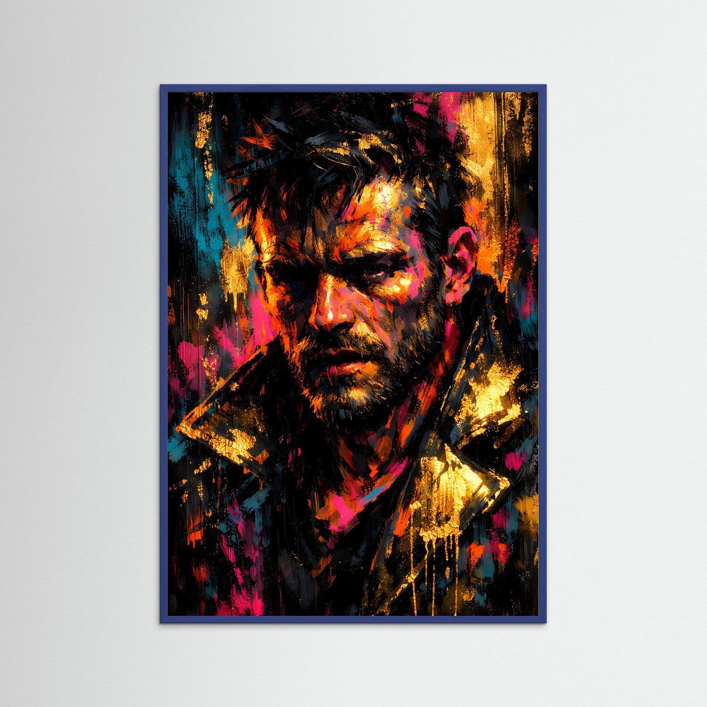 Kunstposter mit abstraktem Porträt im Noir-Stil, Neonfarben, mit blauem Rahmen