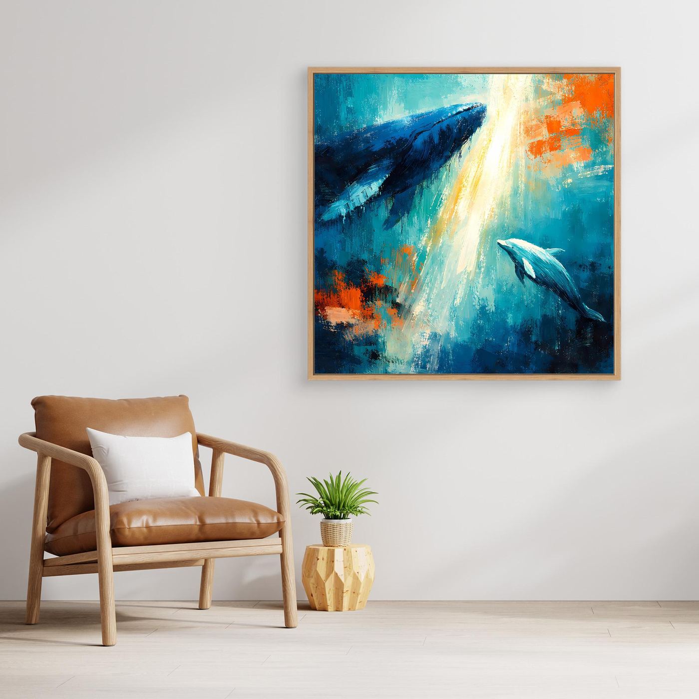 Leinwand Majestätischer Wal und Delfin im Lichtstrahl | Abstraktes Meeres Wandbild