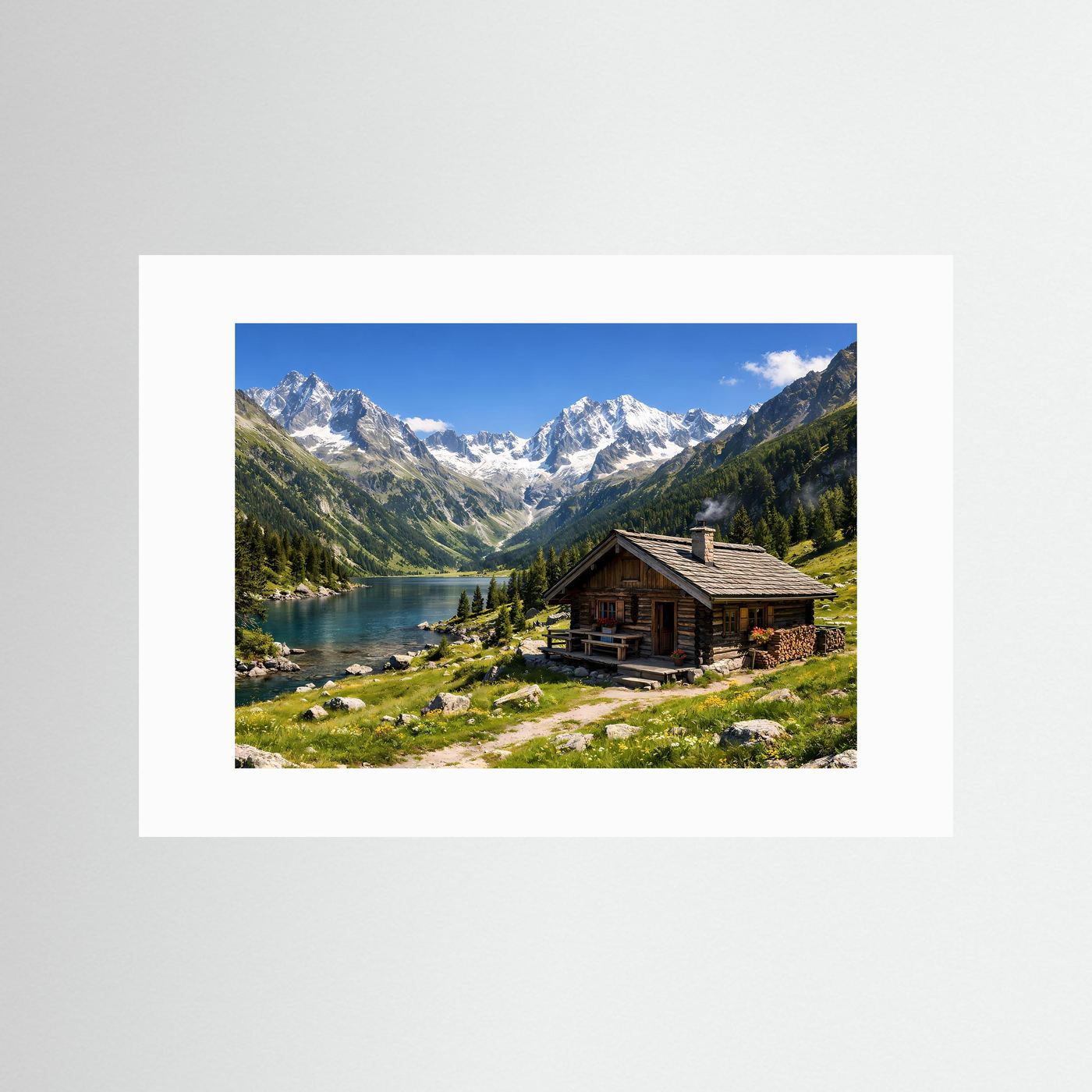 Alpenpanorama mit gemütlicher Hütte | Bergsee & Natur Poster Querformat