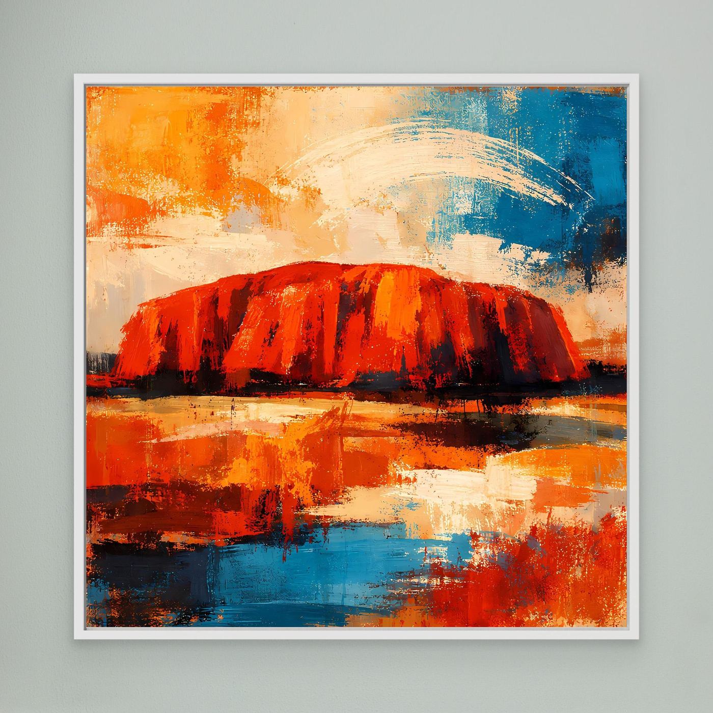 Leinwand-Wandbild mit abstraktem roten Felsmonolith, Blau-Orange Hintergrund und weißem Rahmen