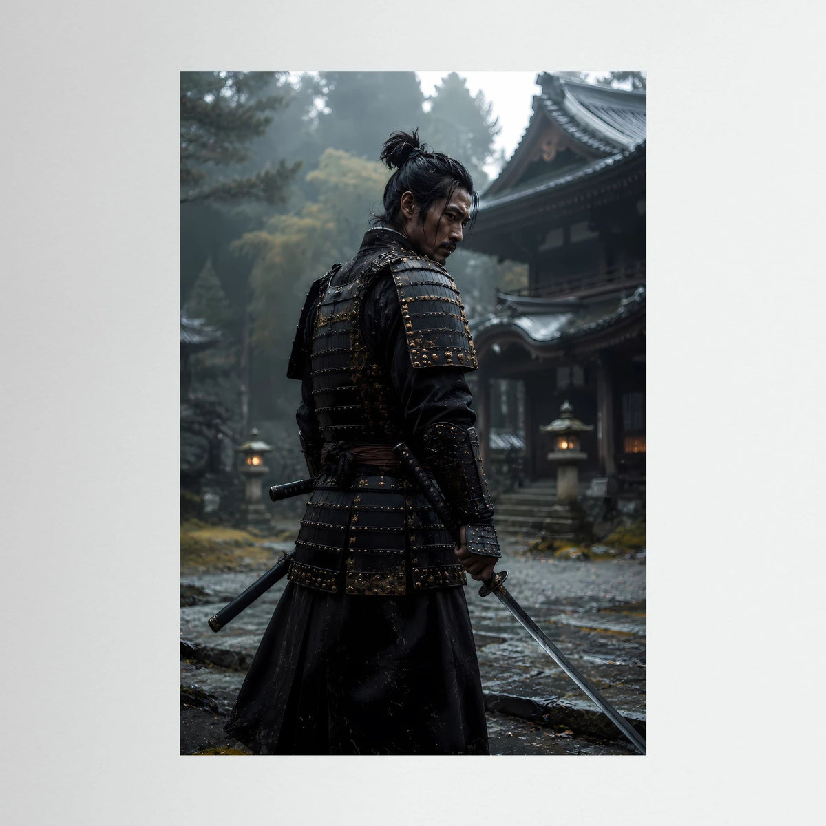 Poster im Hochformat mit Samurai in schwarzer Rüstung im Tempel, seitliche Ansicht
