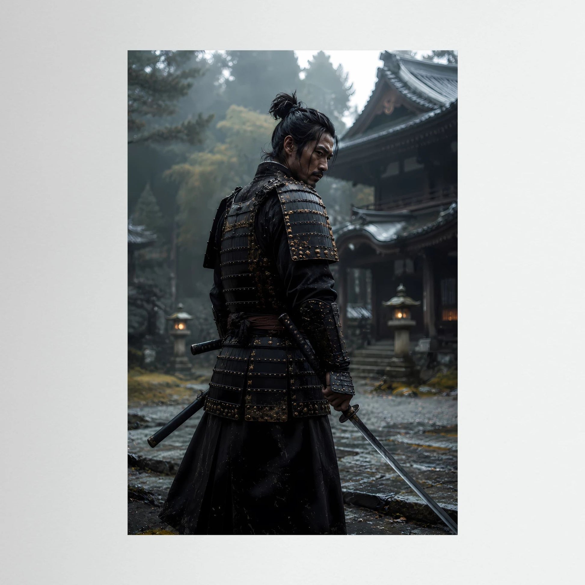 Poster im Hochformat mit Samurai in schwarzer Rüstung im Tempel, seitliche Ansicht