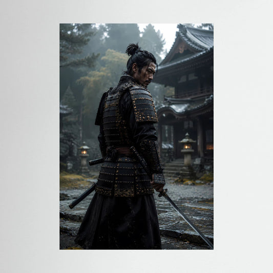 Poster im Hochformat mit Samurai in schwarzer Rüstung im Tempel, seitliche Ansicht