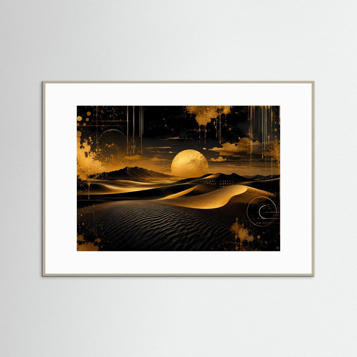Poster im Querformat mit abstrakter Dünenlandschaft in Schwarz und Gold, weißer Rahmen