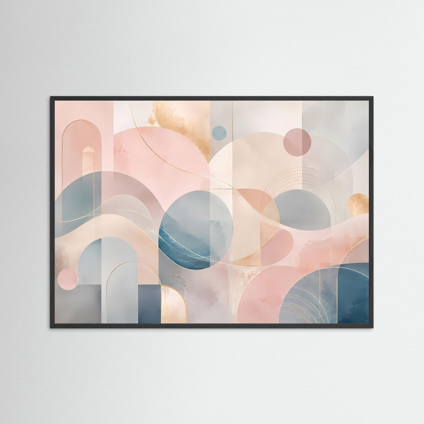 Abstrakte Geometrische Formen in Pastellrosa, Blau & Beige | Moderne Minimalistische Wandkunst mit Bögen, Kreisen und Goldenen Linien | Elegantes Premium Wandbild im Querformat