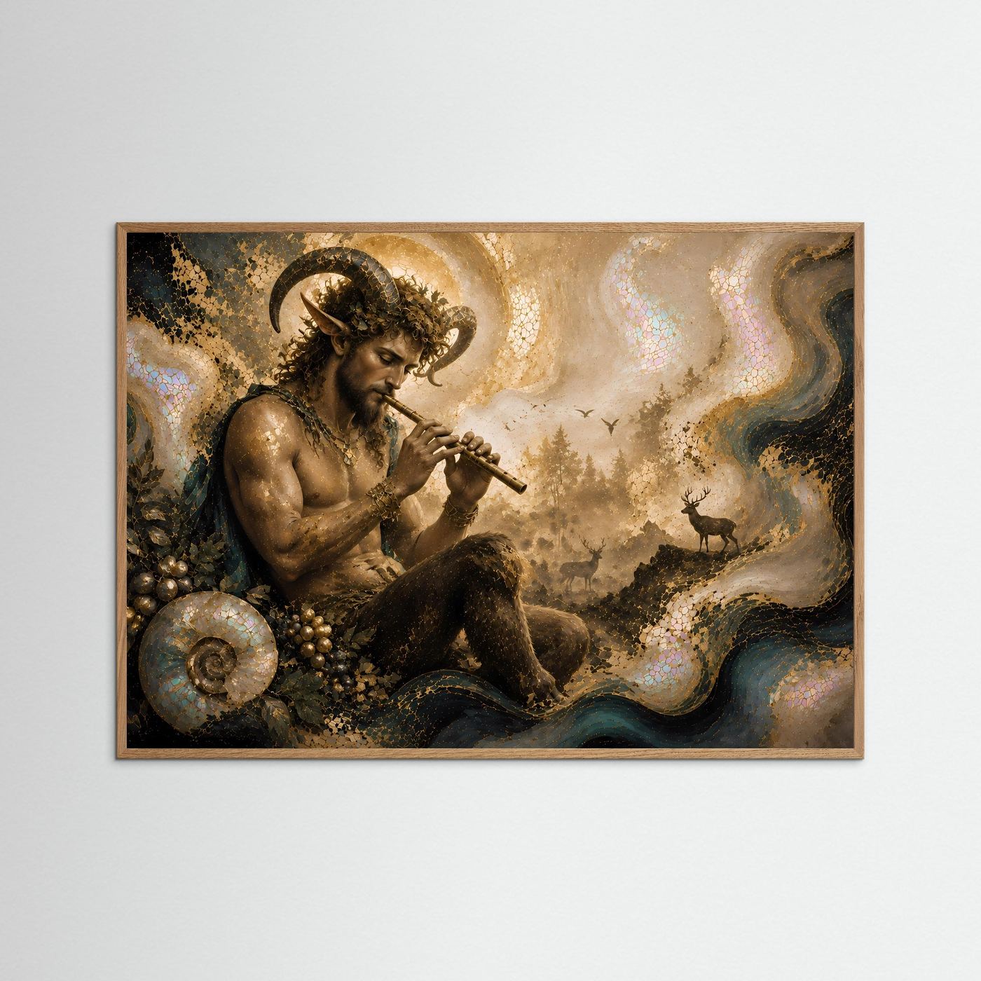 Pan mit Flöte im mystischen Wald | Griechische Mythologie Kunst in Gold & Perlmutt