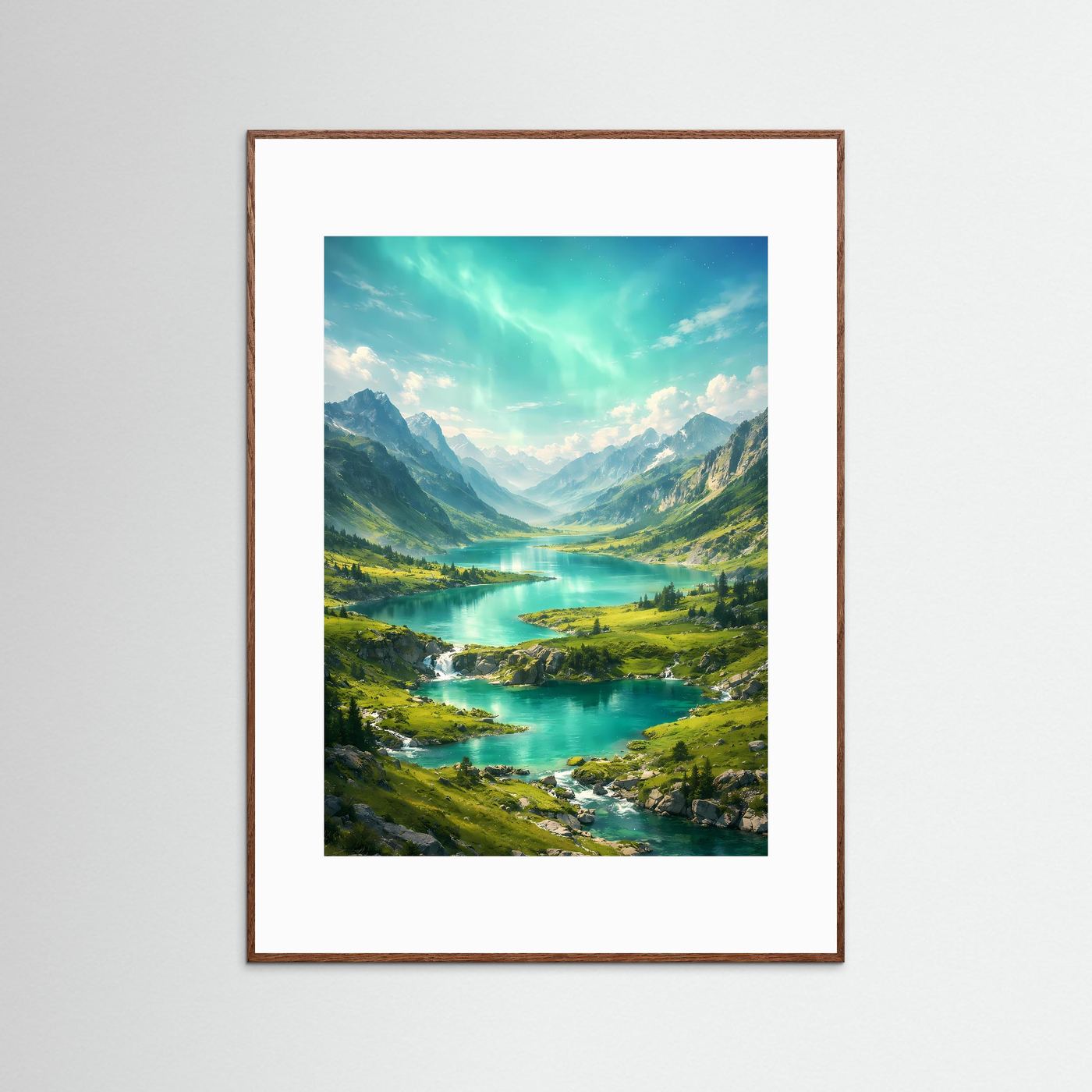 Naturkunst-Poster im Hochformat mit Bergsee und Alpenlandschaft, brauner Holzrahmen