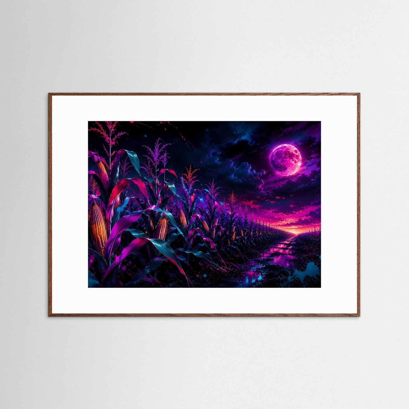 Neon-Maisfeld bei Vollmond | Mystische Fantasy-Landschaft in Pink, Lila & Blau