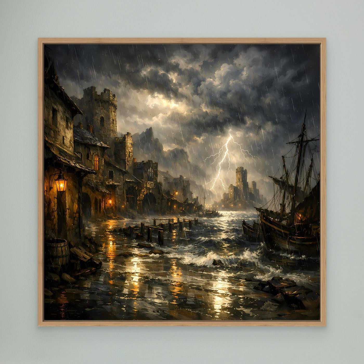 Hafen-Leinwandbild mit Blitz und Gewitter über dem Wasser, Segelboote, helle Kaimauer, Holzrahmen