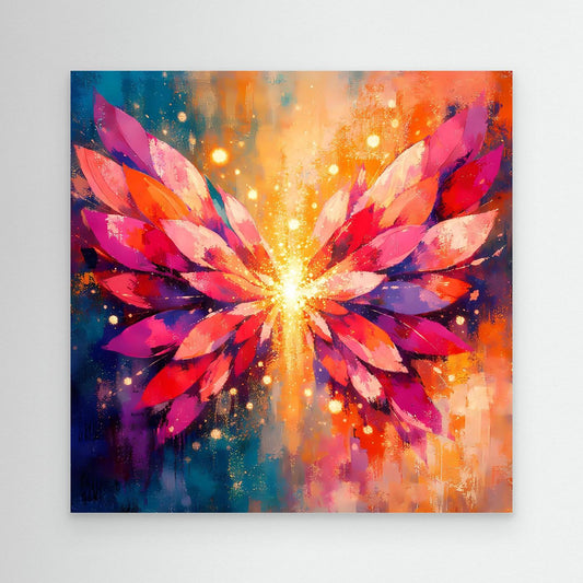 Wandbild mit leuchtenden Engelsflügeln im Lichtstrahl, abstrakte Farbexplosion in Pink, Blau und Orange