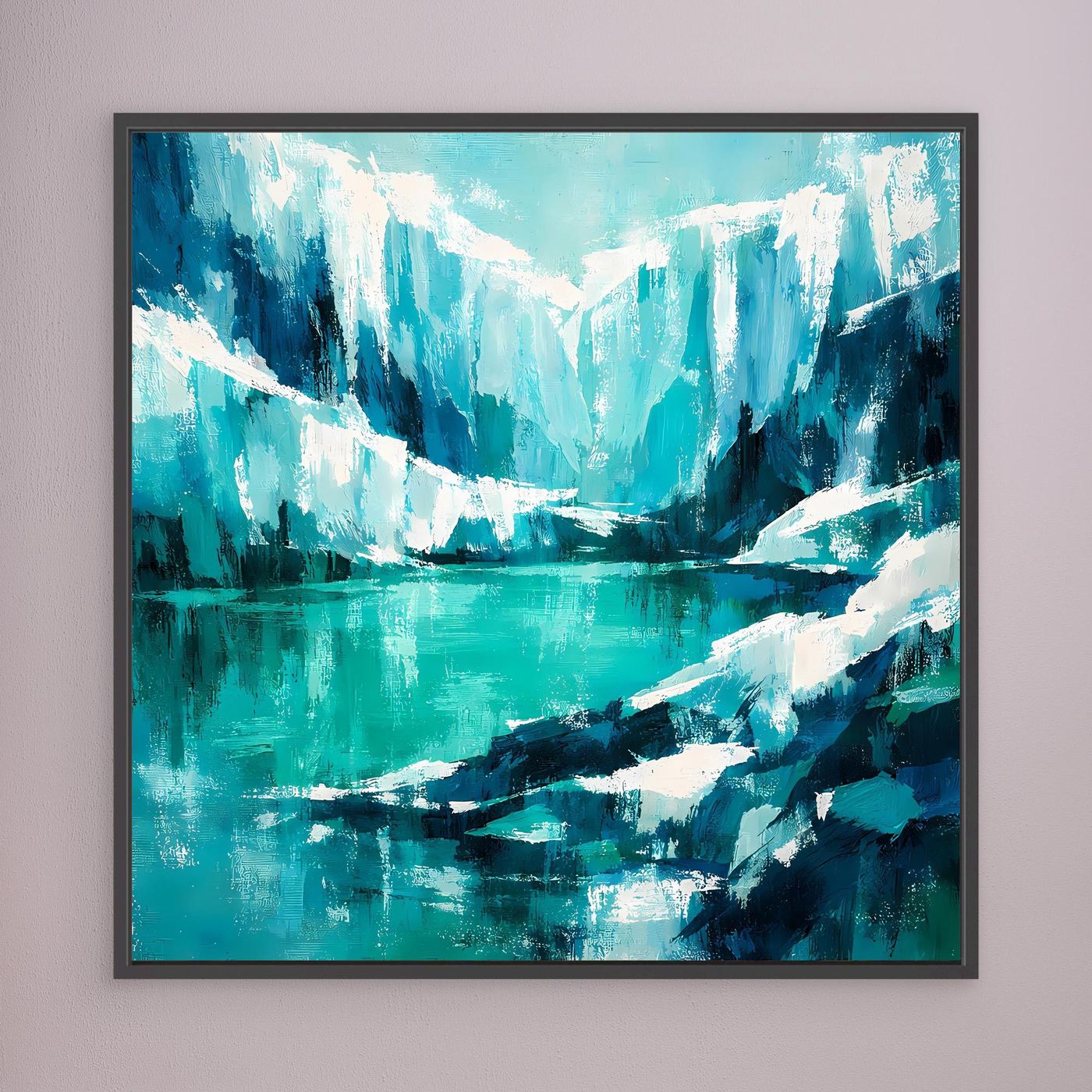 Leinwand-Wandbild mit abstrakten Eisbergen im Ozean, schwarzer Rahmen