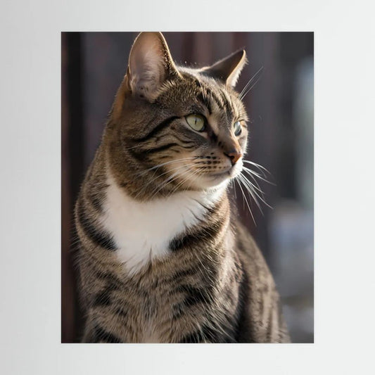 Poster mit Porträt einer getigerten Katze, grüne Augen, seitlicher Blick
