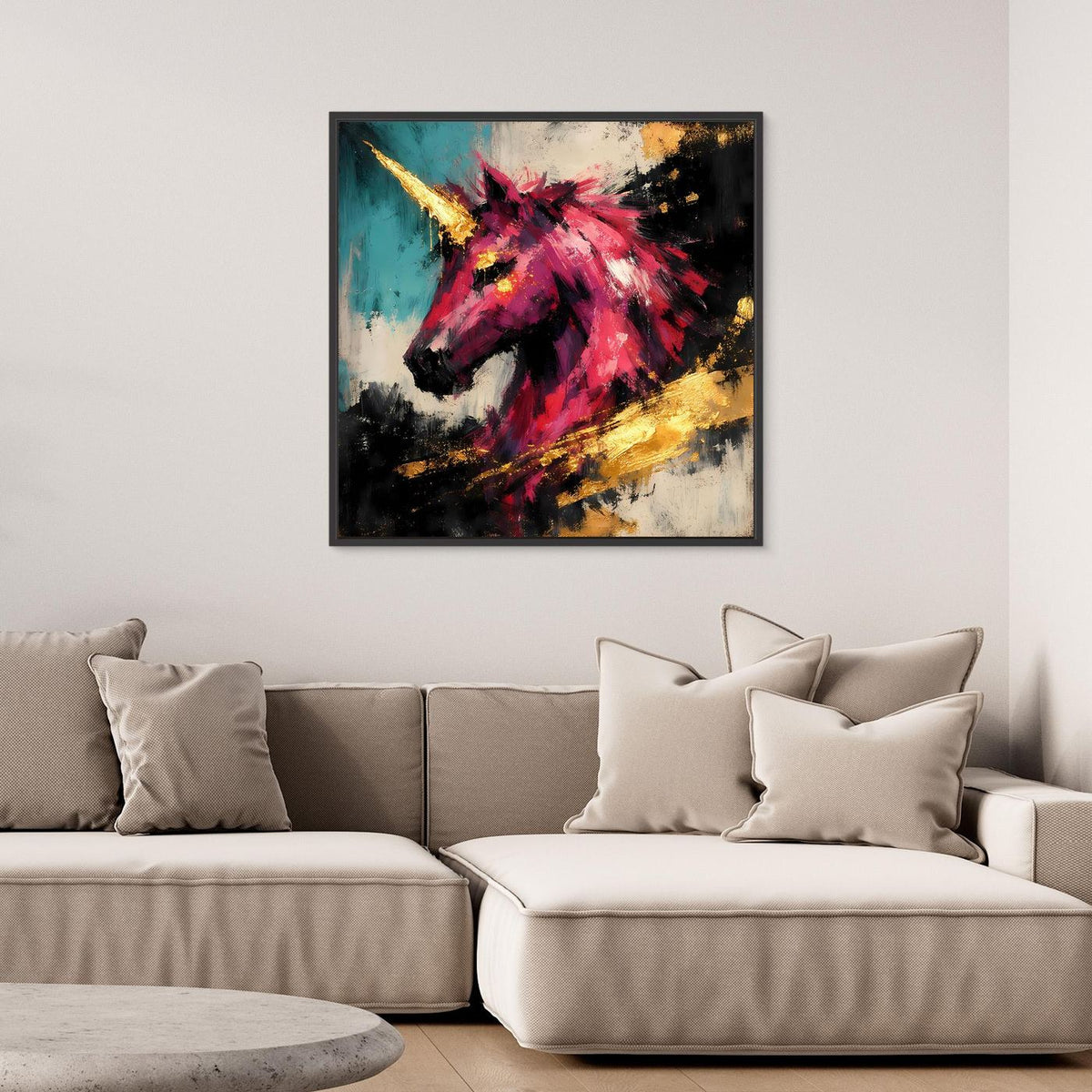 Leinwand-Fantasy-Wandbild mit Einhorn in Pink und Gold im schwarzen Rahmen