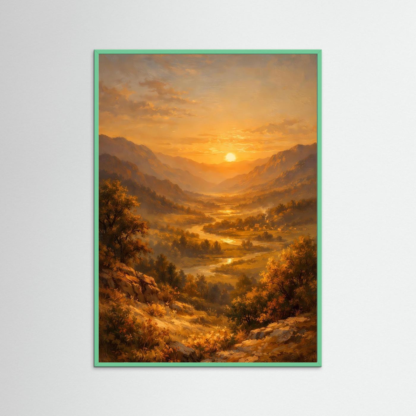 Poster Flusslandschaft im Goldenen Abendlicht | Majestätisches Berge Wandbild