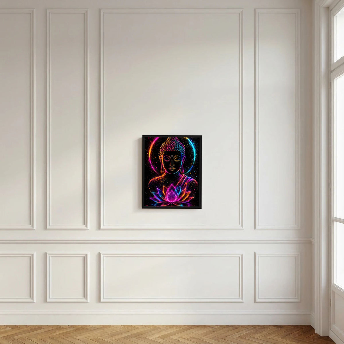 Neon-Buddha-Poster mit Lotusblüte, im schwarzen Rahmen an weißer Wand