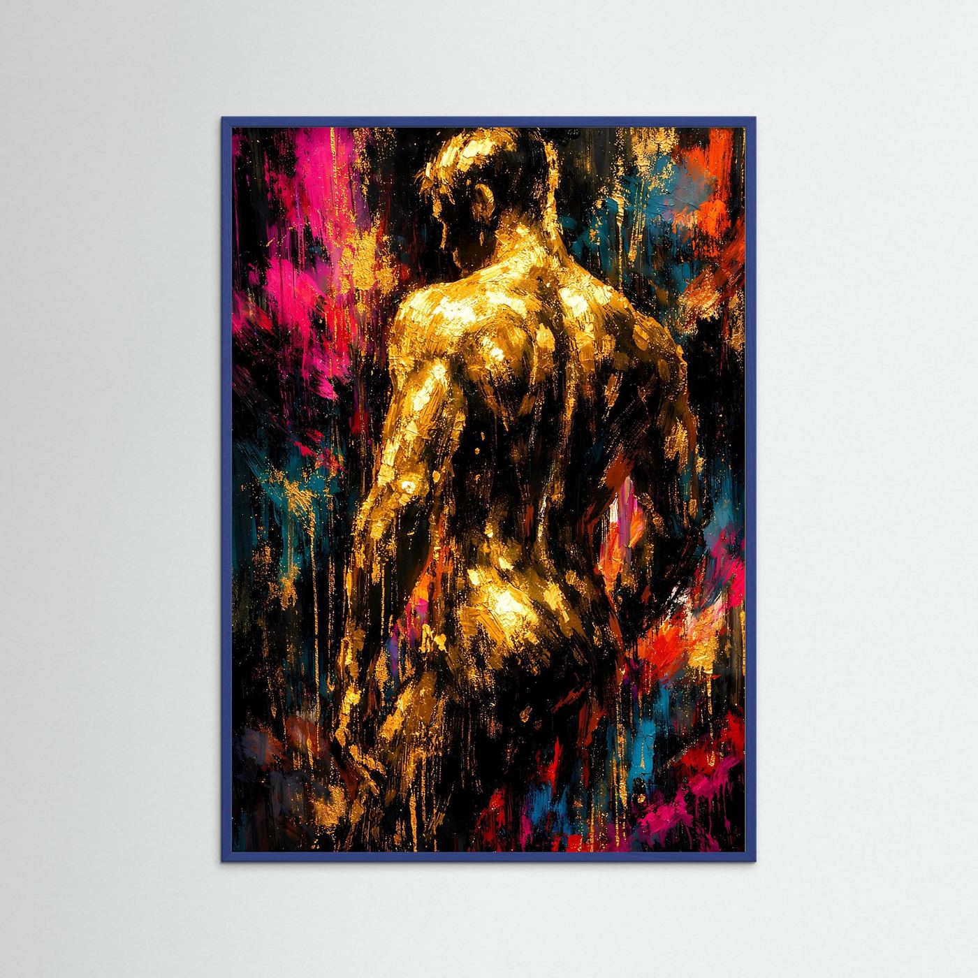 Abstraktes Poster mit Männer-Rückenansicht: goldener Akt und bunte Farbverläufe, im Holzrahmen.