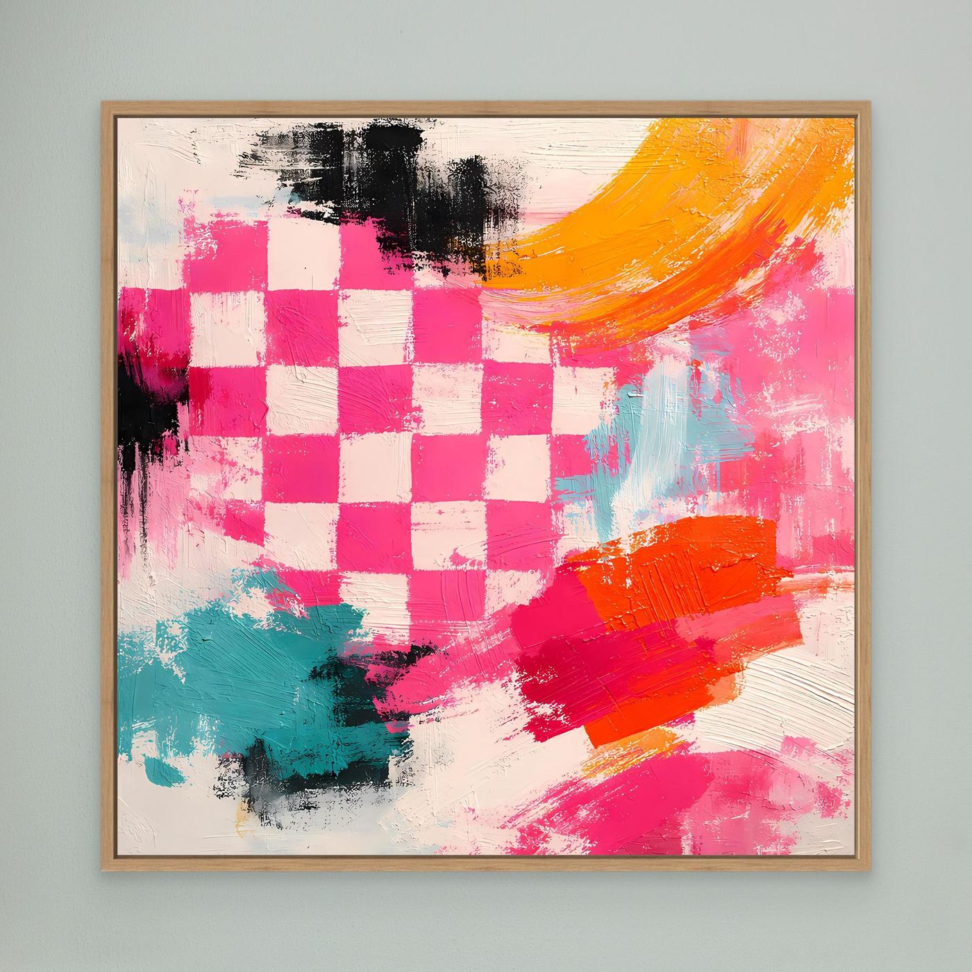 Leinwand-Wandbild mit Schachbrettmuster in Pink, Orange, Türkis; Holzrahmen