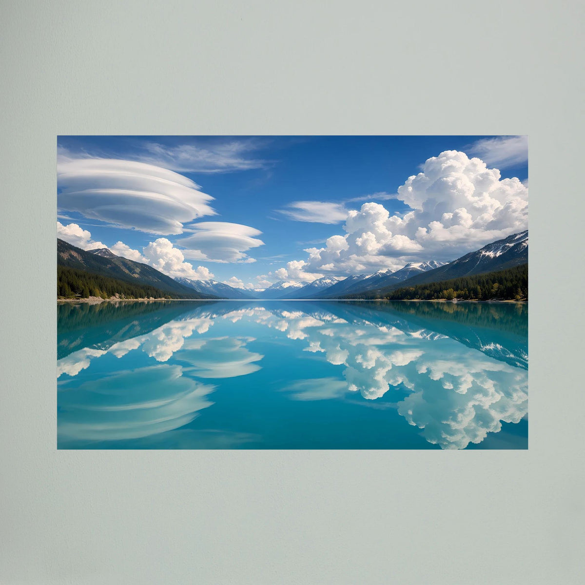 Querformat-Wandbild mit blauem See, Bergen und weißen Wolken am Himmel