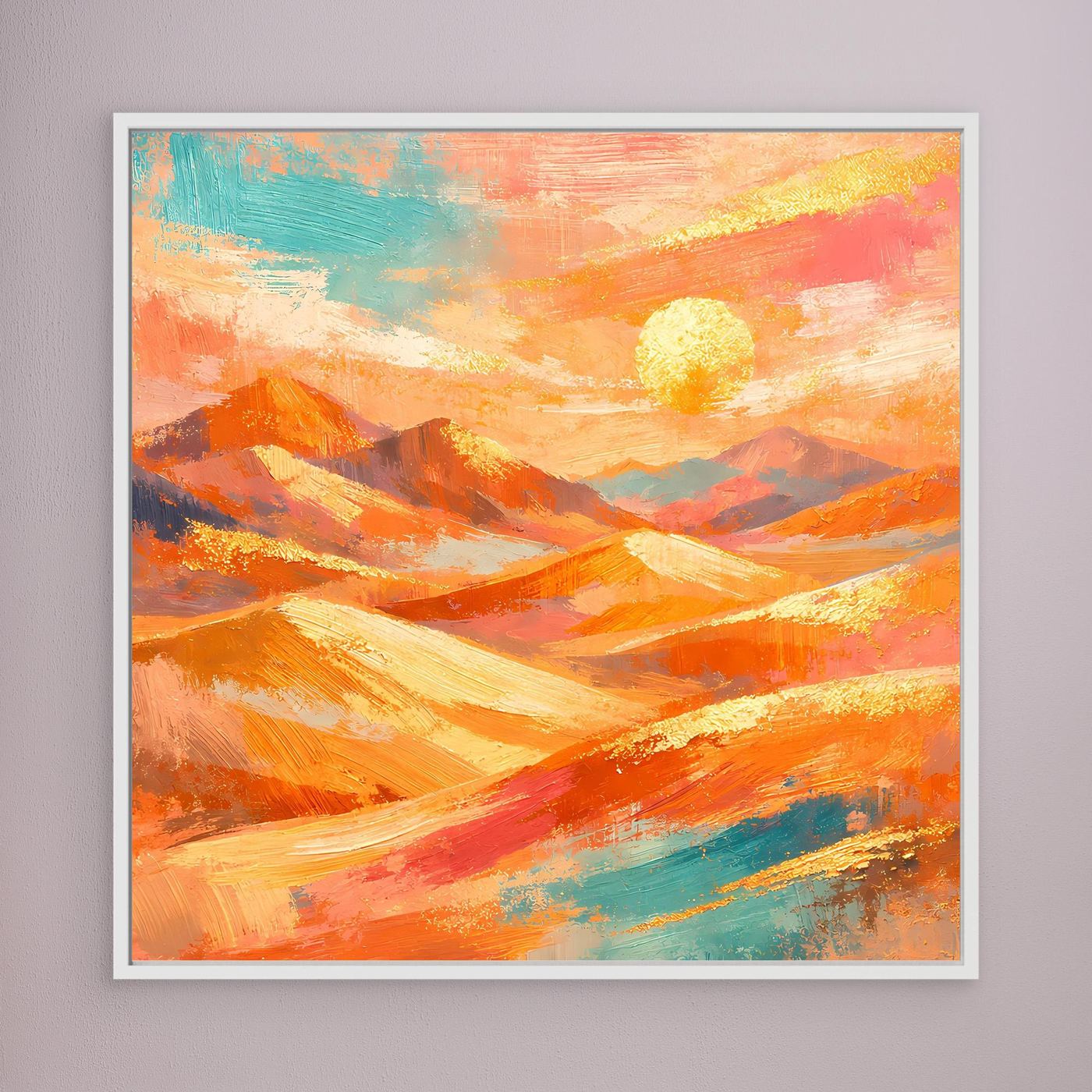 Abstraktes Leinwandbild mit weißem Rahmen, orange Wüstenlandschaft mit gelber Sonne