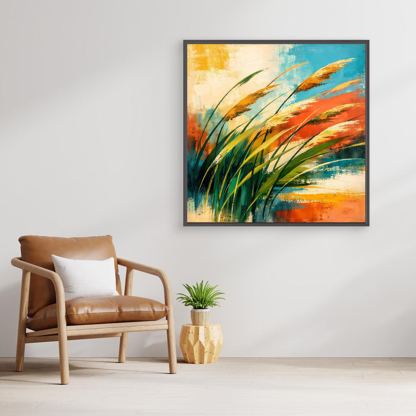 Quadratisches Leinwandbild mit abstrakten Gräsern in Grün, Blau, Orange und Gelb