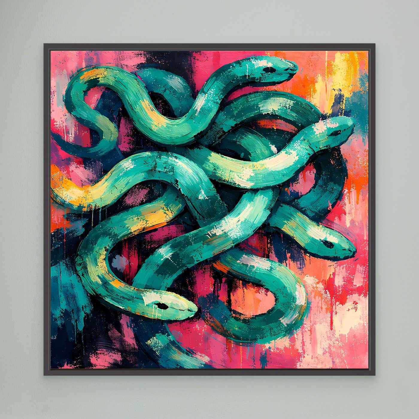 Abstract snake wall art canvas, teal-green coils with pink and orange splashes, black frame