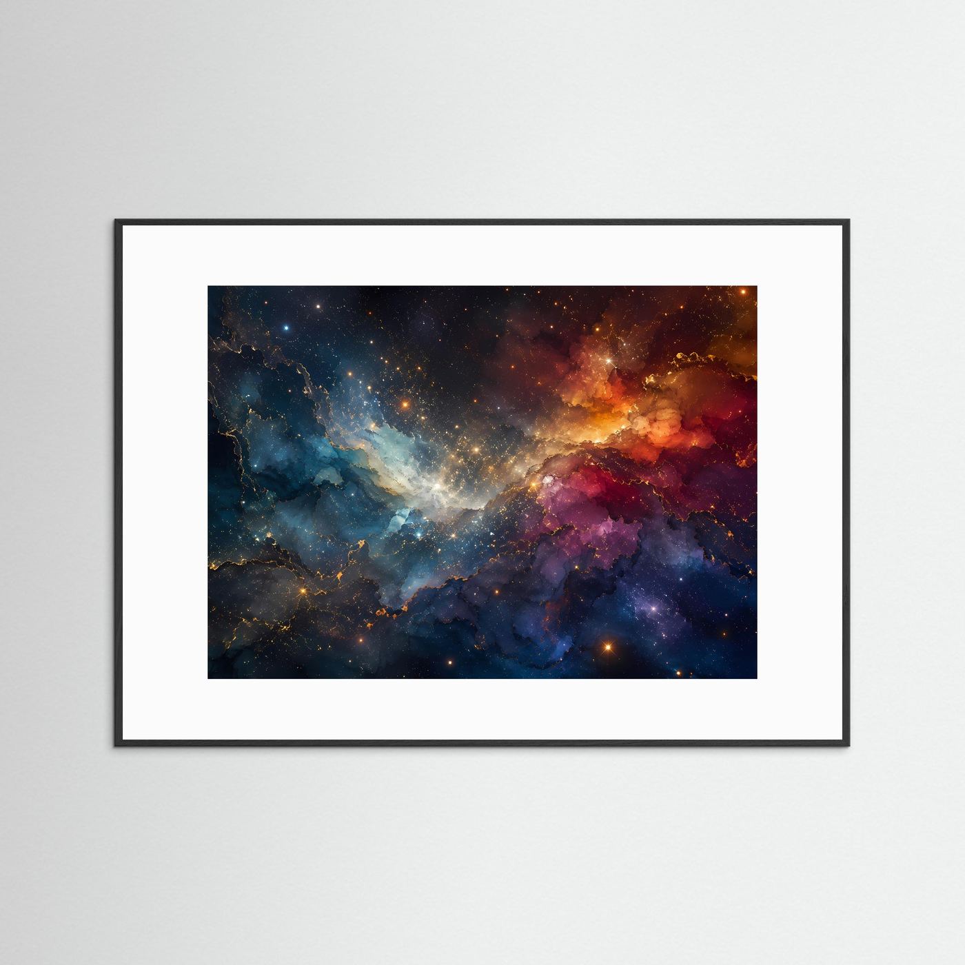 Abstrakte Galaxy-Wandkunst mit weißem Rahmen, kosmische Nebel in Blau, Violett und Gold