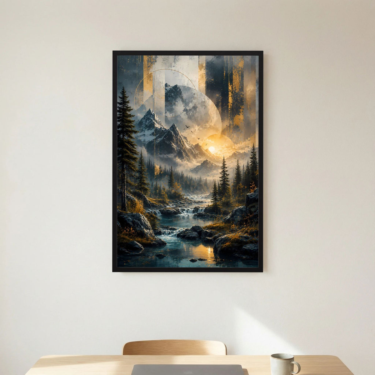 Gerahmtes Poster Hochformat: Berge, Fluss und goldenes Sonnenlicht zwischen Tannen