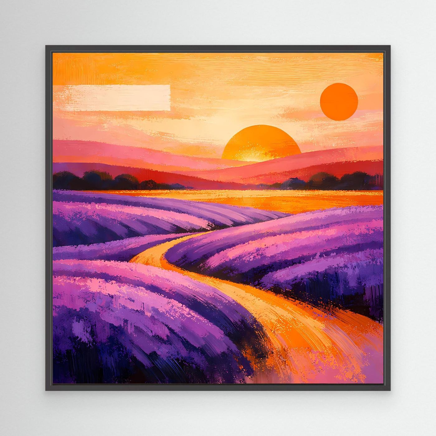 Leinwandbild mit abstraktem Lavendelfeld, Provence-Landschaft, schwarzer Rahmen, Lila und Orange