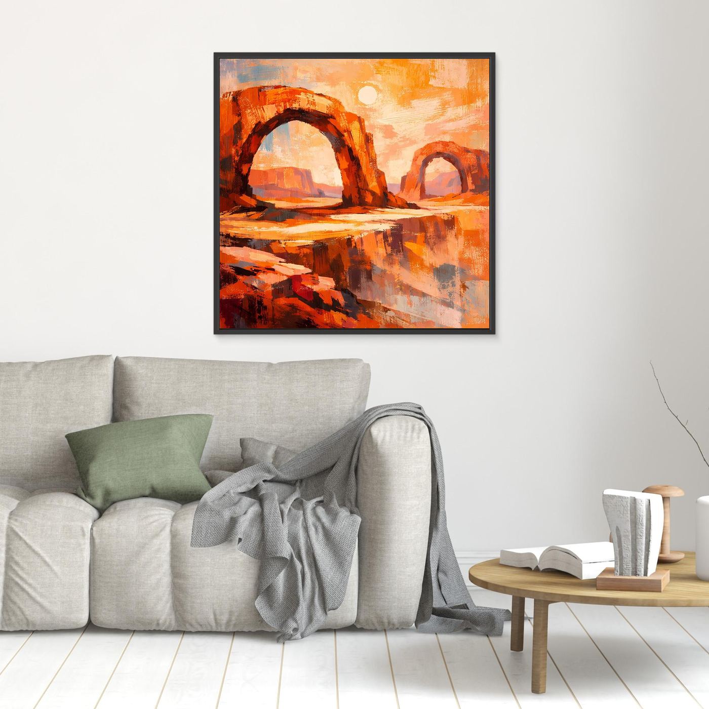 Kleines Wandbild mit abstraktem Wüstenbogen-Motiv in Orange-Rot, mit schwarzem Rahmen