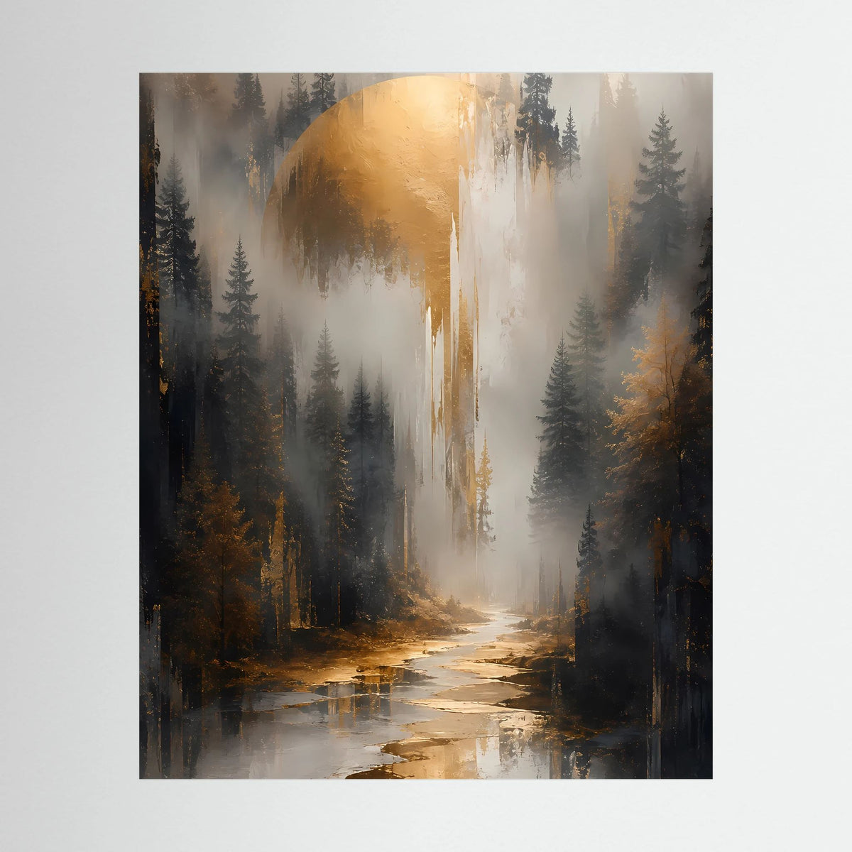 Poster im Hochformat mit mystischer Waldlandschaft, hellem Fluss und goldenen Lichteffekten