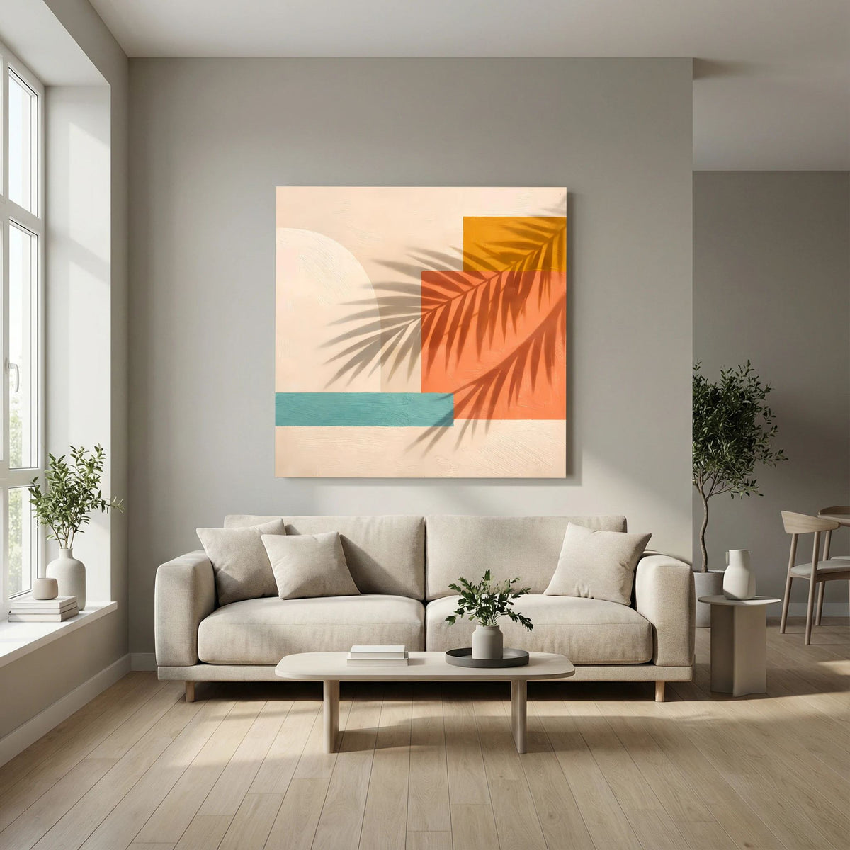 Leinwand Abstrakte Geometrie mit Palmenschatten | Modernes Boho Wandbild Terracotta