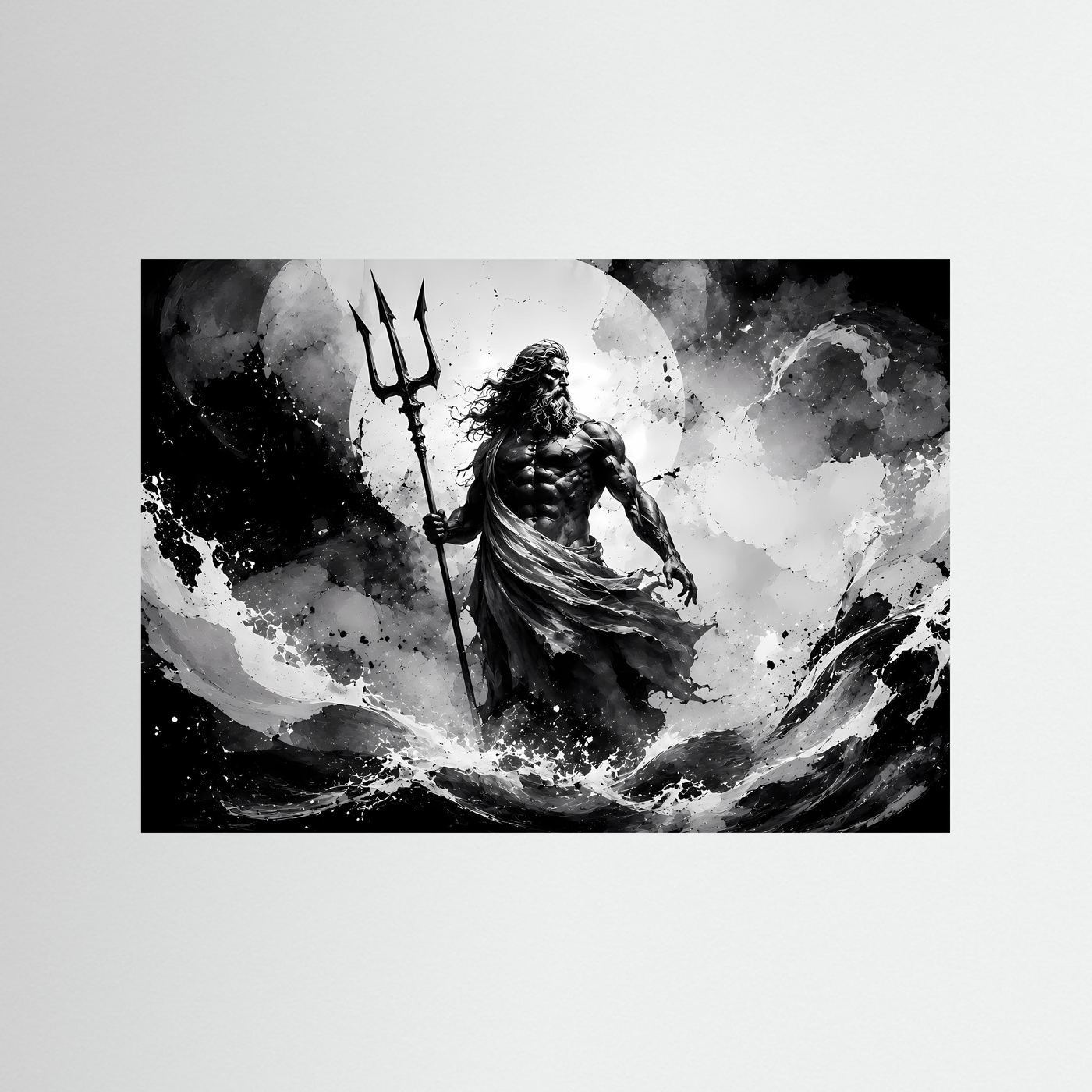 Poseidon Schwarz Weiß Wandbild | Griechische Mythologie Poster | Gott des Meeres mit Dreizack | Monochrome Fantasy Kunst | Moderne Leinwand