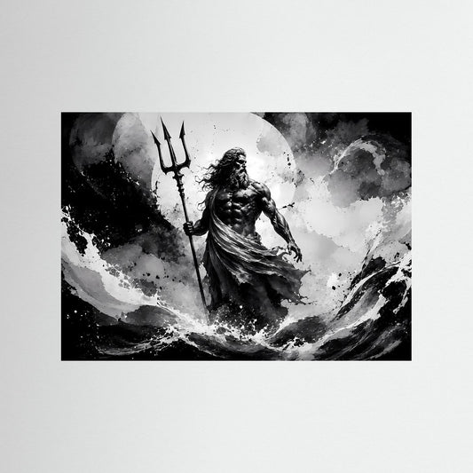 Wandbild mit monochromem Motiv: Meeresgott mit Dreizack und Wasserwirbeln