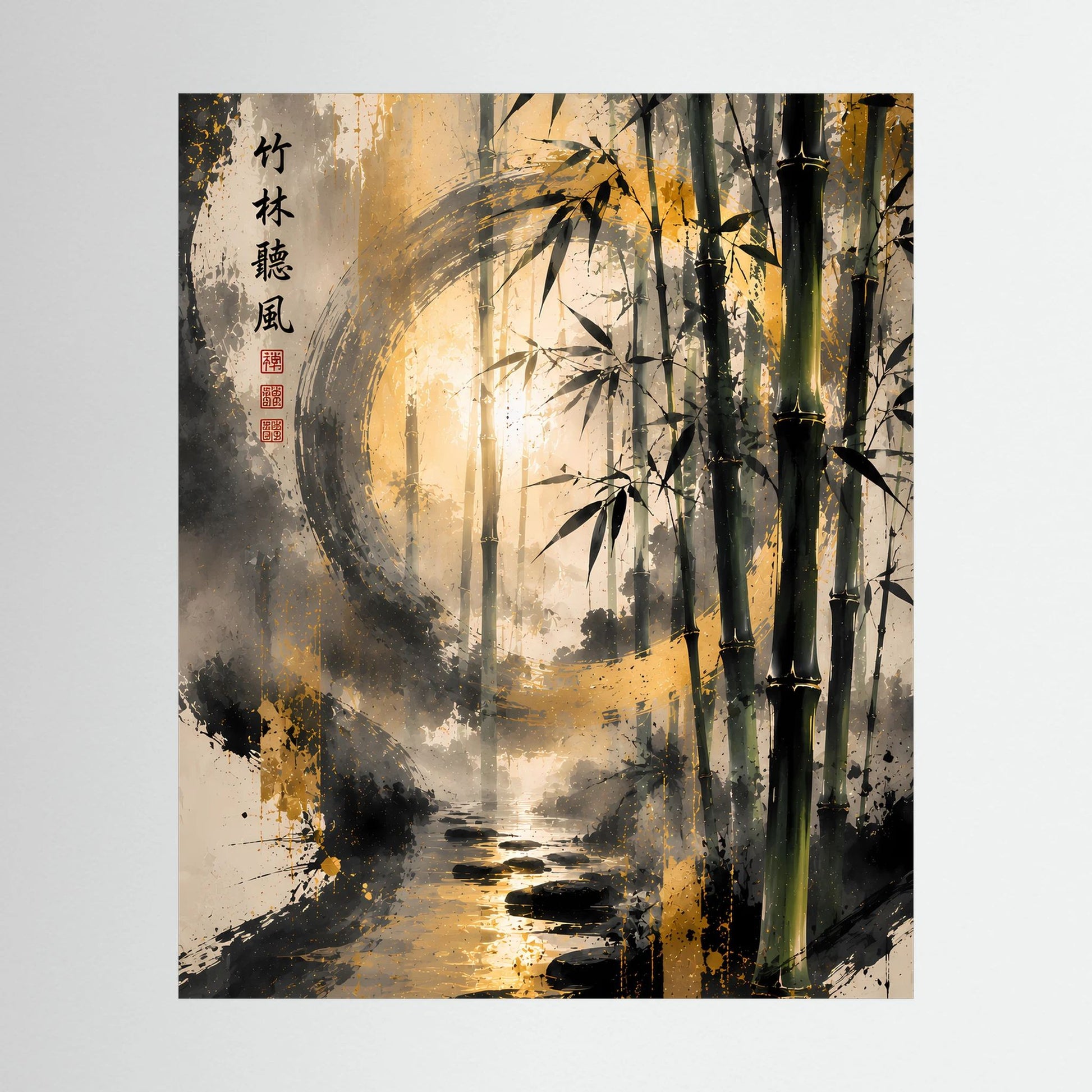 Zen-Kunstposter mit Bambus am Bach, goldene Lichtakzente und Tuschemalerei im Hochformat