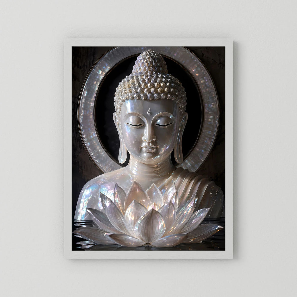 Poster im Hochformat: silberner Buddha mit Lotusblüten im Kreis, ohne sichtbaren Rahmen