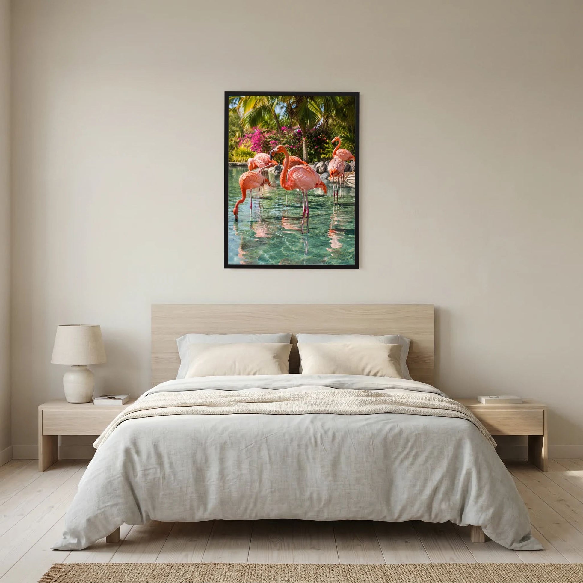 Schwarz gerahmtes Hochformat-Poster mit rosafarbenen Flamingos im Wasser