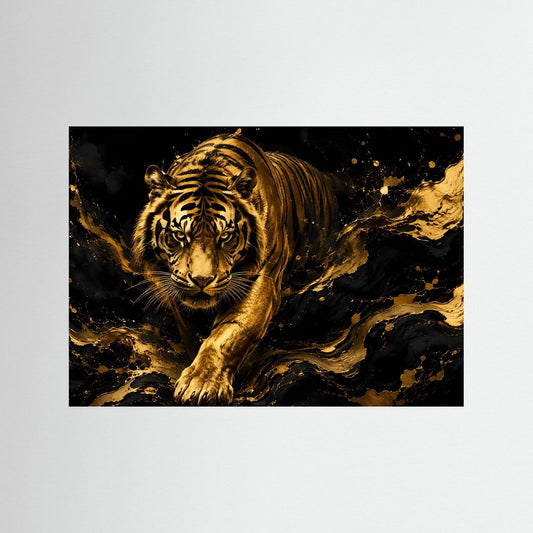 Poster mit goldfarbenem Tiger in Schwarz, Querformat, schwarzer Rahmen