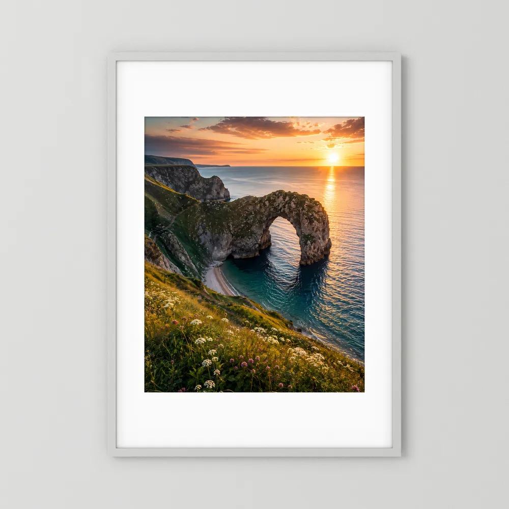 Poster im Hochformat mit weißem Passepartout und hellem Rahmen: Küstenbogen bei Sonne