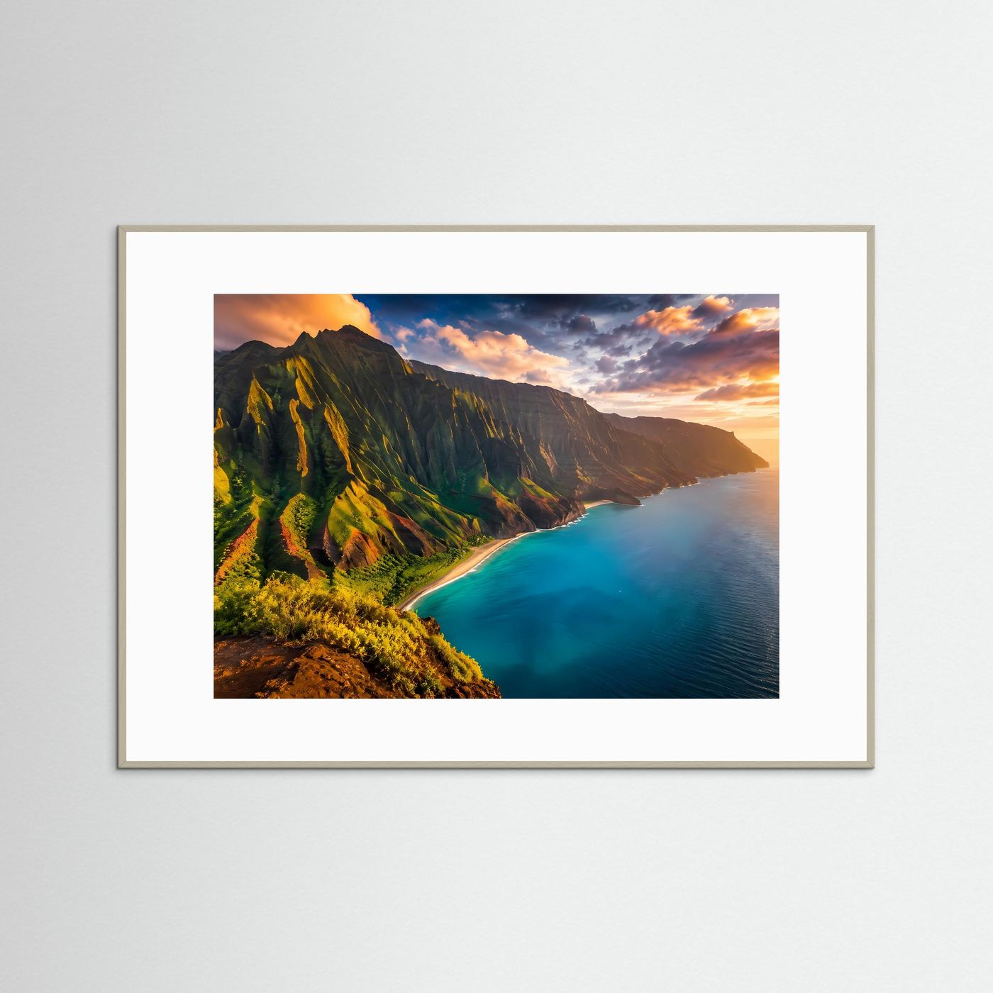 Majestätische Nā Pali Coast im Sonnenuntergang | Tropische Klippen & Ozean Poster Querformat