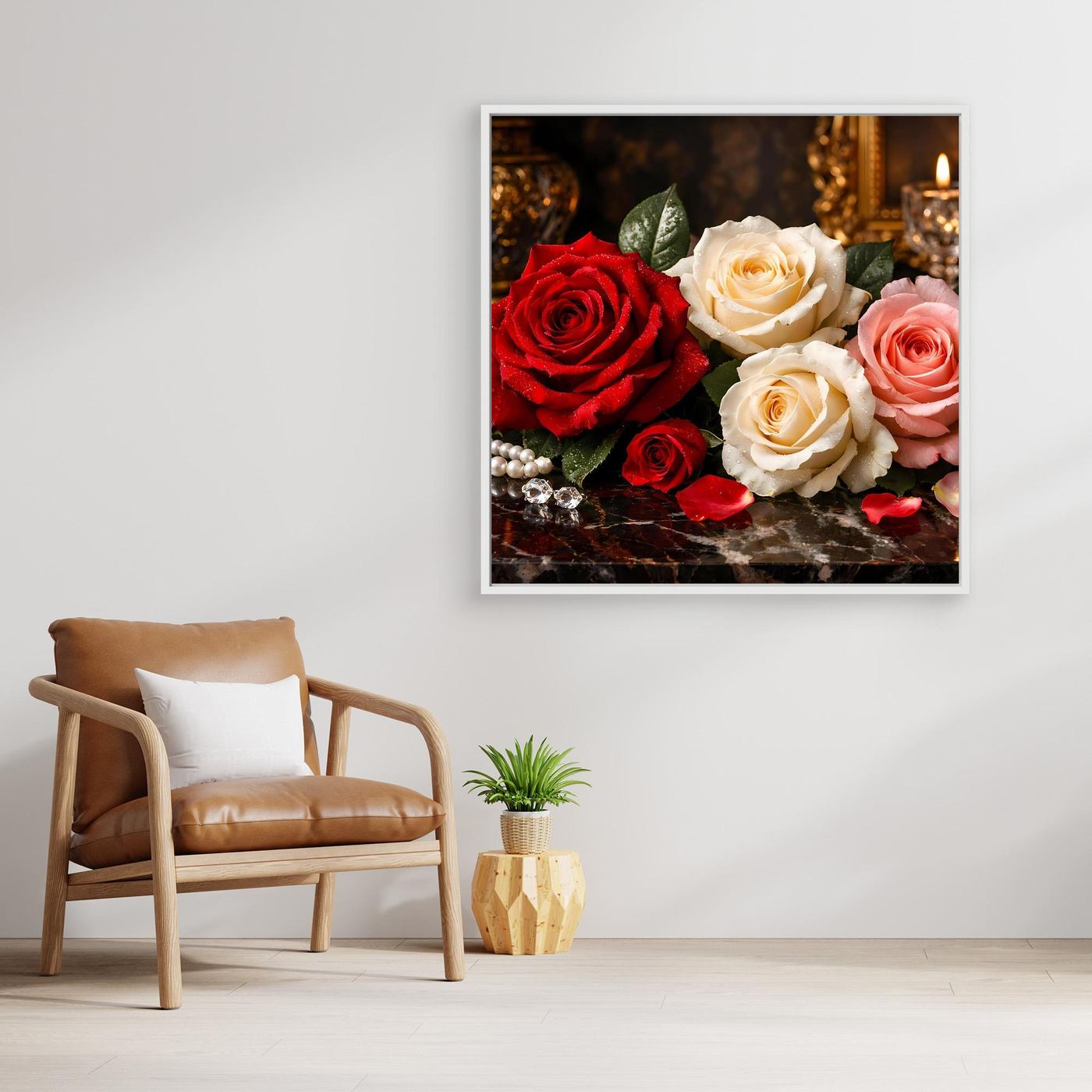 Wandbild Rosenstillleben mit roten und rosafarbenen Rosen, brauner Holzrahmen