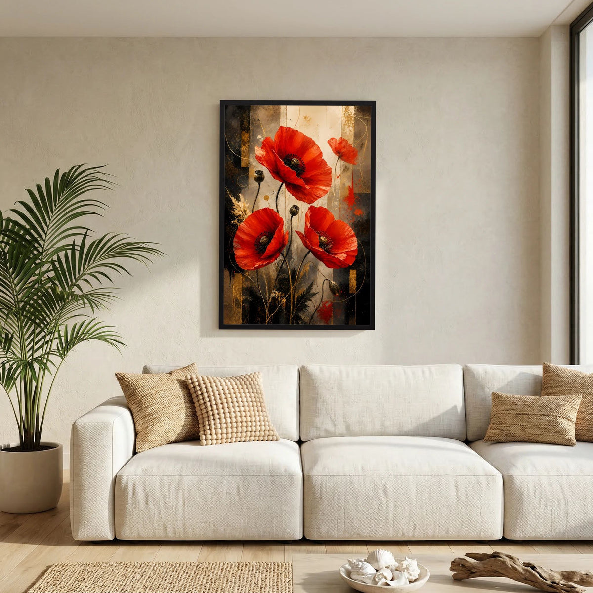 Roter Mohn in Gold & Schwarz | Elegante florale Kunst | Poster Hochformat