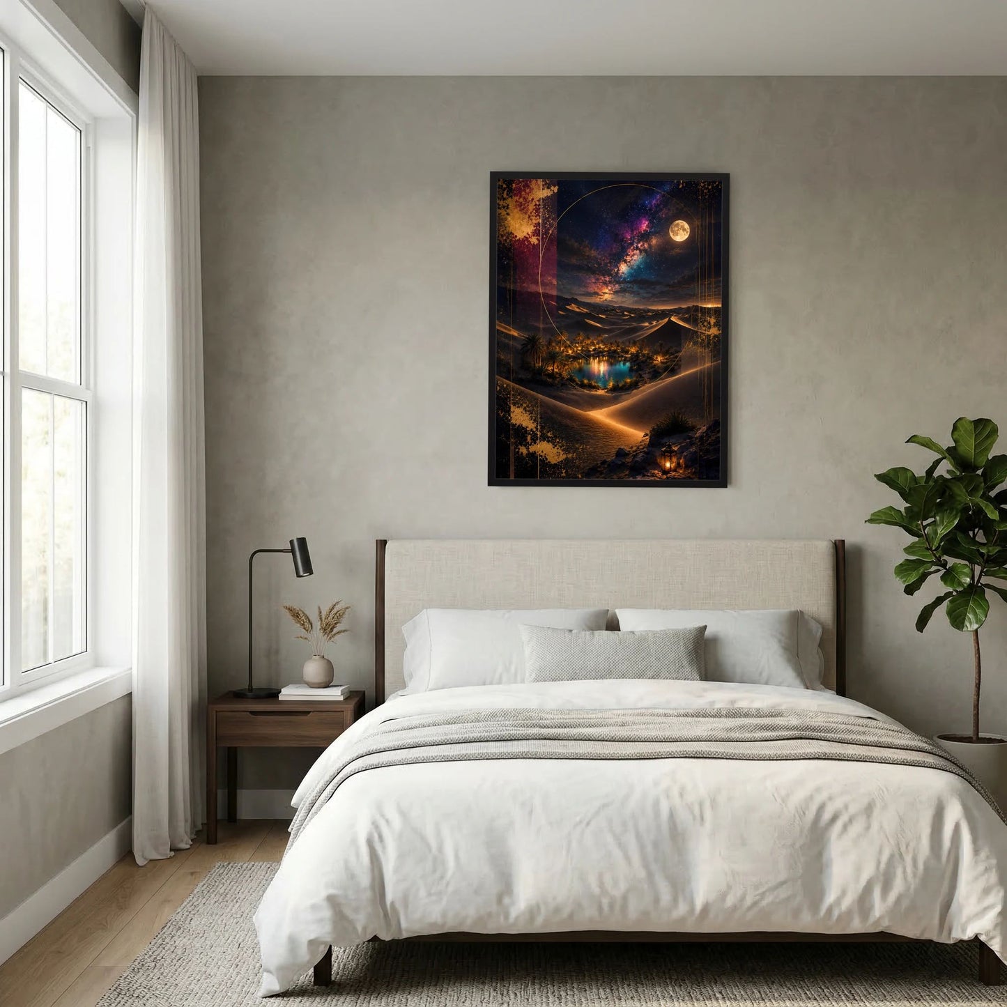 Hochformatiges Poster mit Vollmond über goldenen Dünen und beleuchtetem Wasserbecken