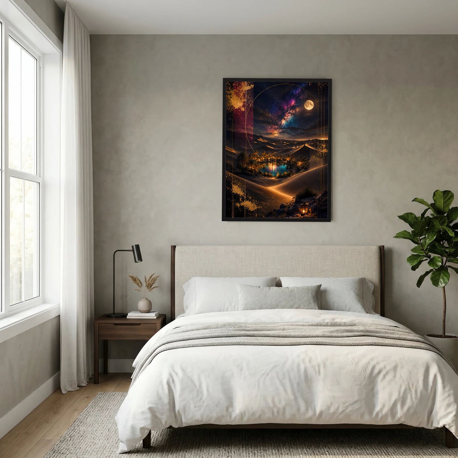 Hochformatiges Poster mit Vollmond über goldenen Dünen und beleuchtetem Wasserbecken