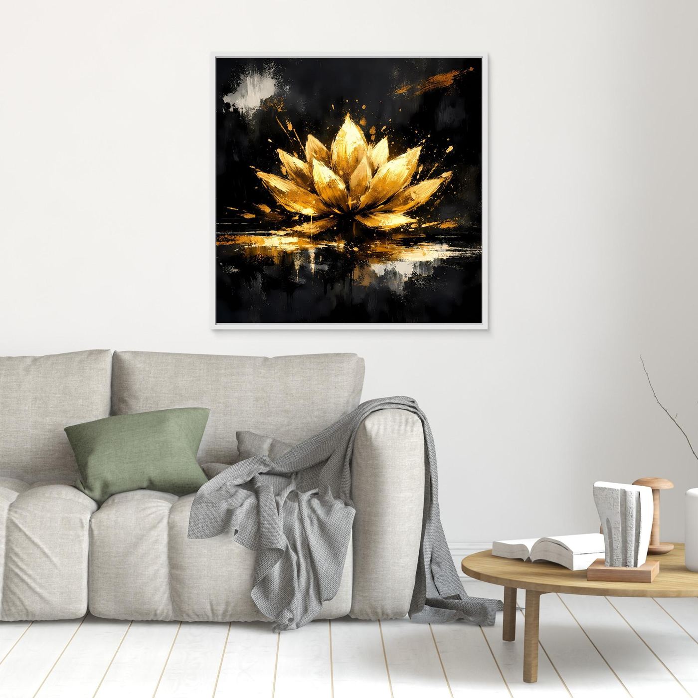 Leinwand Goldene Lotusblüte Abstrakt | Modernes Lotus Wandbild Schwarz Gold