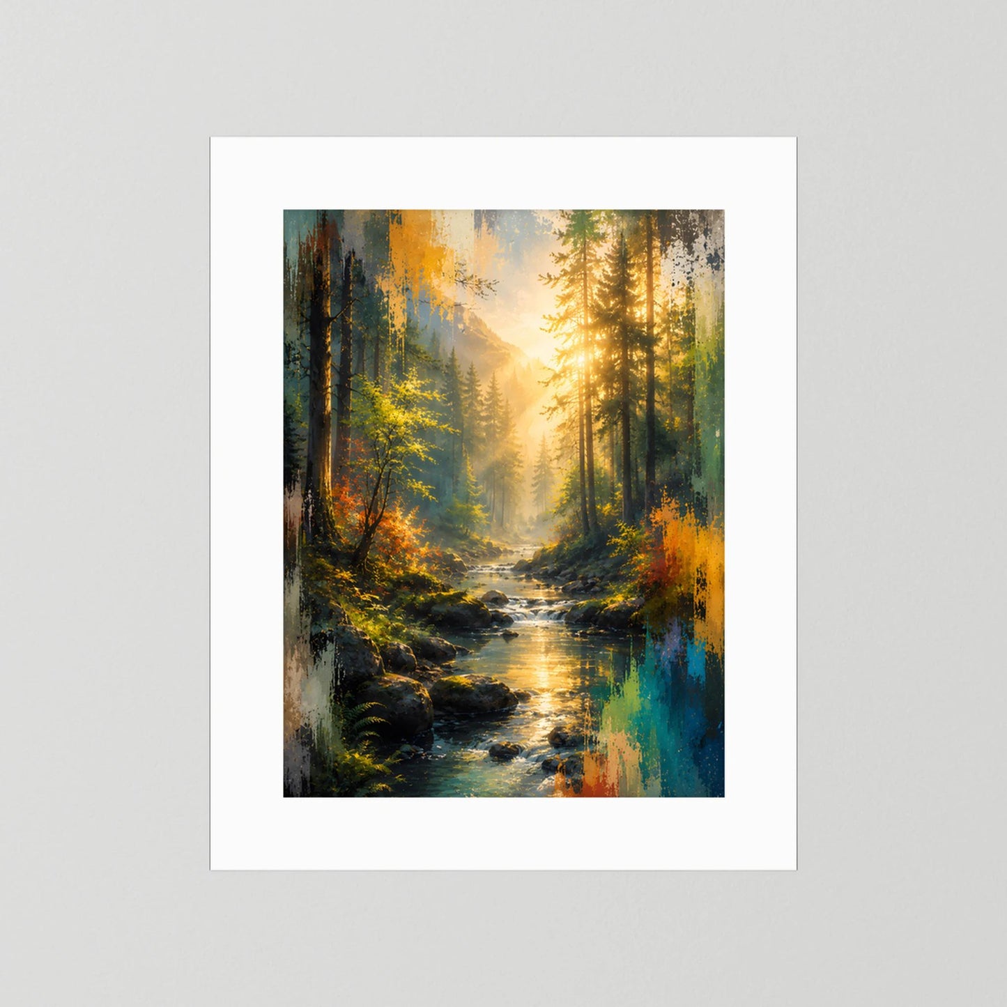 Kunstposter mit weißem Passepartout und Wald-Bach-Motiv, Rahmen nicht sichtbar