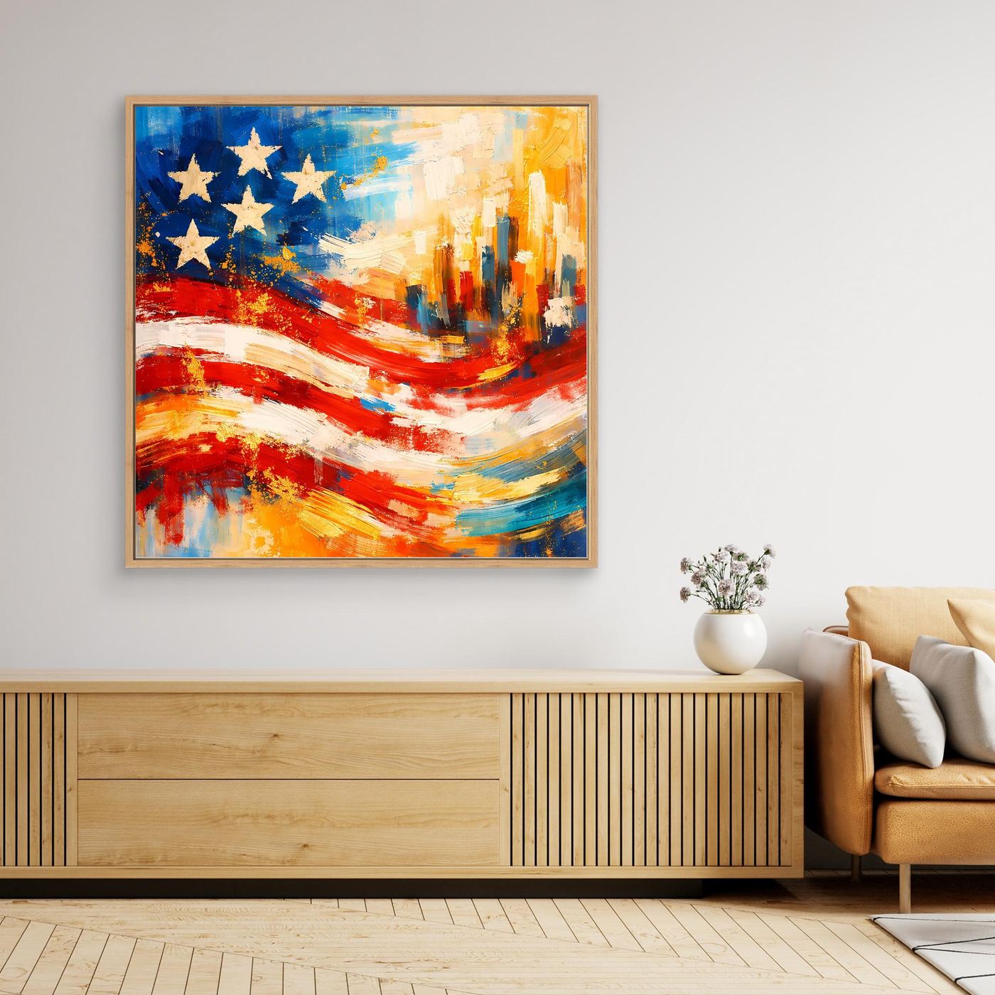 Gerahmtes Leinwandbild mit abstrakter US-Flagge und Skyline, Rot-Blau-Gelb