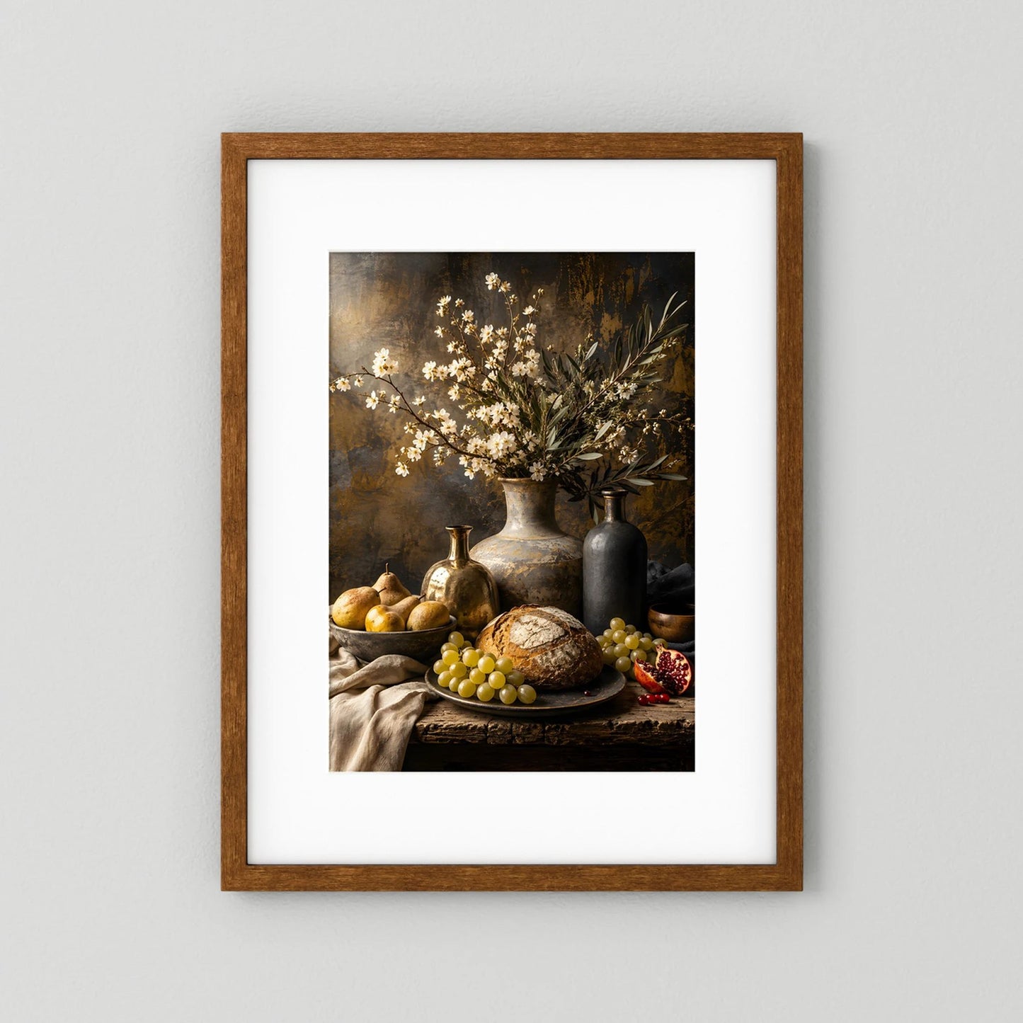 Kunstposter mit braunem Holzrahmen und weißem Passepartout: Stillleben mit Blumen